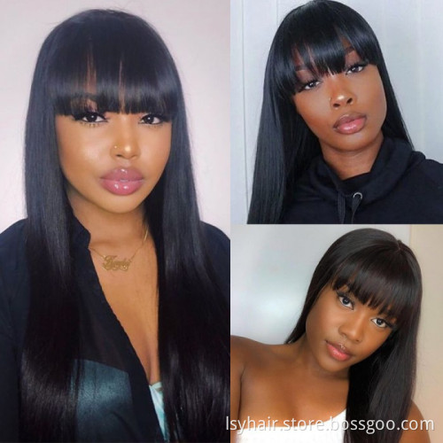 Lsy Long Silky Straight 360 Frontal Full Lace Wigs With Front Chic Bangs Fringe 150% Density 100% Indian Human Hair Wigs